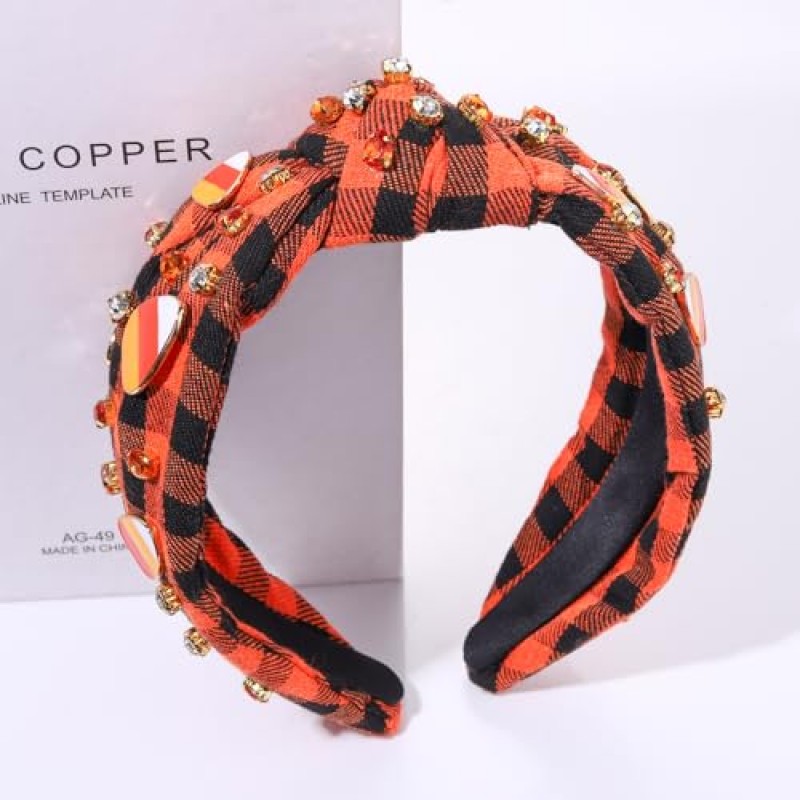 할로윈 머리띠 라인스톤 크리스탈 보석 와이드 매듭 머리띠 귀여운 지팡이 사탕 숙녀 할로윈 헤어 밴드 헤드피스 할로윈 의상 헤어 액세서리(오렌지 블랙 할로윈 참 머리띠)