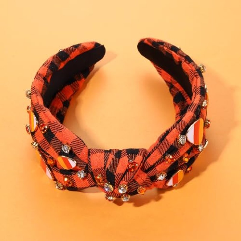 할로윈 머리띠 라인스톤 크리스탈 보석 와이드 매듭 머리띠 귀여운 지팡이 사탕 숙녀 할로윈 헤어 밴드 헤드피스 할로윈 의상 헤어 액세서리(오렌지 블랙 할로윈 참 머리띠)