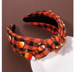 할로윈 머리띠 라인스톤 크리스탈 보석 와이드 매듭 머리띠 귀여운 지팡이 사탕 숙녀 할로윈 헤어 밴드 헤드피스 할로윈 의상 헤어 액세서리(오렌지 블랙 할로윈 참 머리띠)