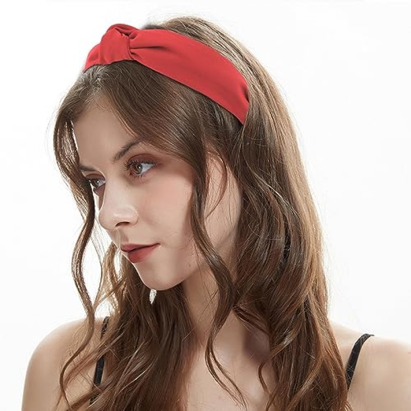 YISSION 4PCS 여성용 매듭 머리띠 여성용 미끄럼 방지 와이드 헤드 밴드 패션 헤드 밴드 여성용 탑 매듭 머리띠 카키 브라운 레드 블랙 머리띠 여성용 헤어 액세서리