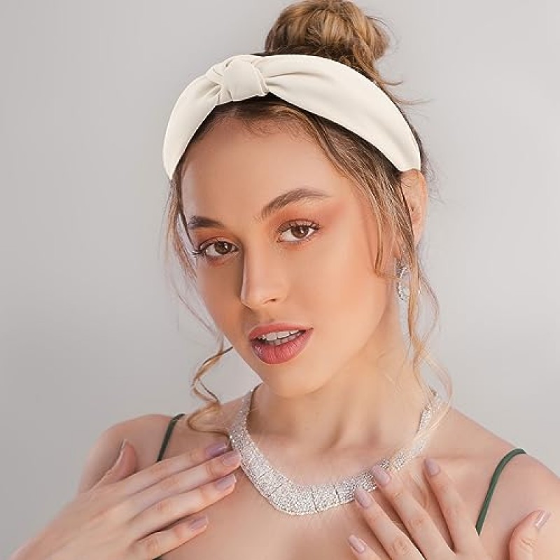 YISSION 4PCS 여성용 매듭 머리띠 여성용 미끄럼 방지 와이드 헤드 밴드 패션 헤드 밴드 여성용 탑 매듭 머리띠 카키 브라운 레드 블랙 머리띠 여성용 헤어 액세서리