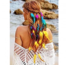 GENBREE 보호 깃털 머리띠 집시 헤드피스 보헤미안 히피 머리띠 인도 헤어 밴드 여성용 긴 깃털 헤어 액세서리(패턴 3)