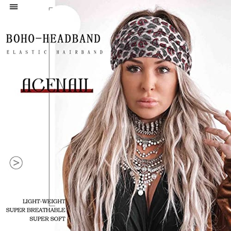 Acenail 와이드 머리띠 여성 매듭 터번 머리띠 탄성 미끄럼 방지 헤어 밴드 꽃 운동 머리 밴드 레오파드 요가 스웨트 밴드 면 헤어 스카프 보호 헤드 랩 여성과 소녀를 위한 패션 헤어 액세서리 4 팩(시크)