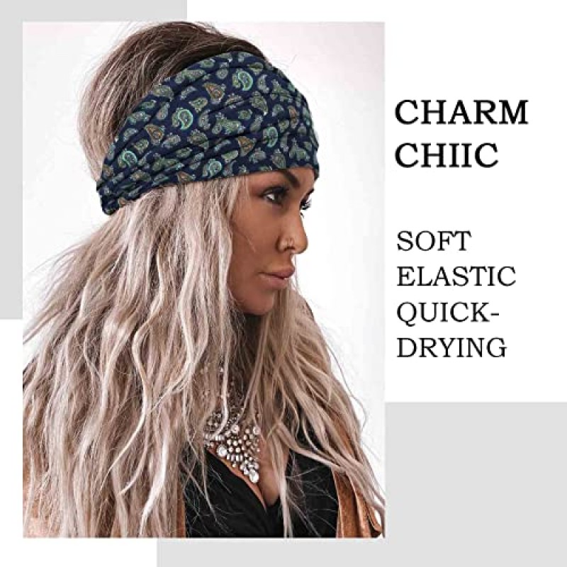 Acenail 와이드 머리띠 여성 매듭 터번 머리띠 탄성 미끄럼 방지 헤어 밴드 꽃 운동 머리 밴드 레오파드 요가 스웨트 밴드 면 헤어 스카프 보호 헤드 랩 여성과 소녀를 위한 패션 헤어 액세서리 4 팩(시크)