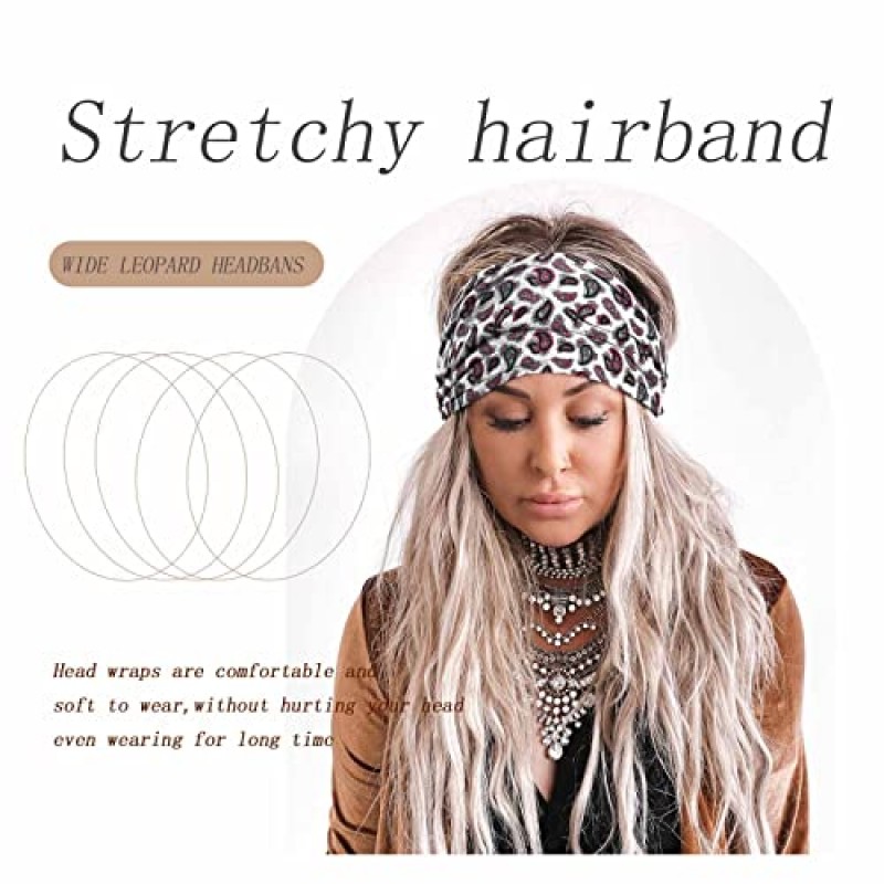Acenail 와이드 머리띠 여성 매듭 터번 머리띠 탄성 미끄럼 방지 헤어 밴드 꽃 운동 머리 밴드 레오파드 요가 스웨트 밴드 면 헤어 스카프 보호 헤드 랩 여성과 소녀를 위한 패션 헤어 액세서리 4 팩(시크)