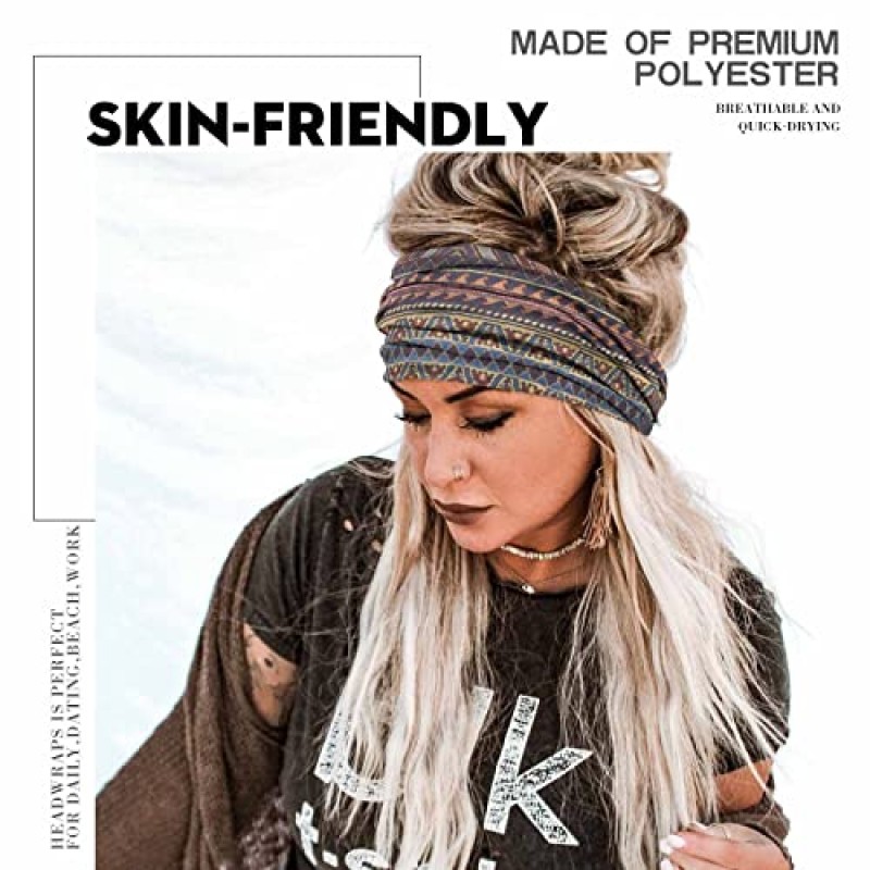 Olbye Boho 머리띠 여성 와이드 헤드 밴드 터번 탄성 헤어 밴드 미끄럼 방지 꽃 헤어 밴드 두건 운동 요가 헤어 스카프 러닝 스웨트 밴드 아프리카 보헤미안 헤드 랩 여성과 소녀를위한 패션 헤어 액세서리 (D-보헤미안)