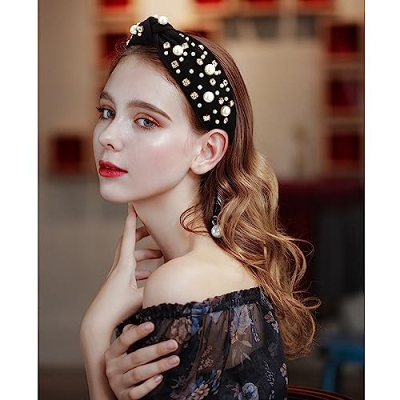 Atoden 진주 모조 다이아몬드가있는 검은 색 매듭 머리띠 여성용 머리띠 와이드 탑 매듭 머리띠 파란색 머리띠 여성용 크리스탈 보석 머리 밴드 장식 머리띠 미끄럼 방지 반짝이는 헤어 밴드 소녀 선물용 패션 헤어 액세서리