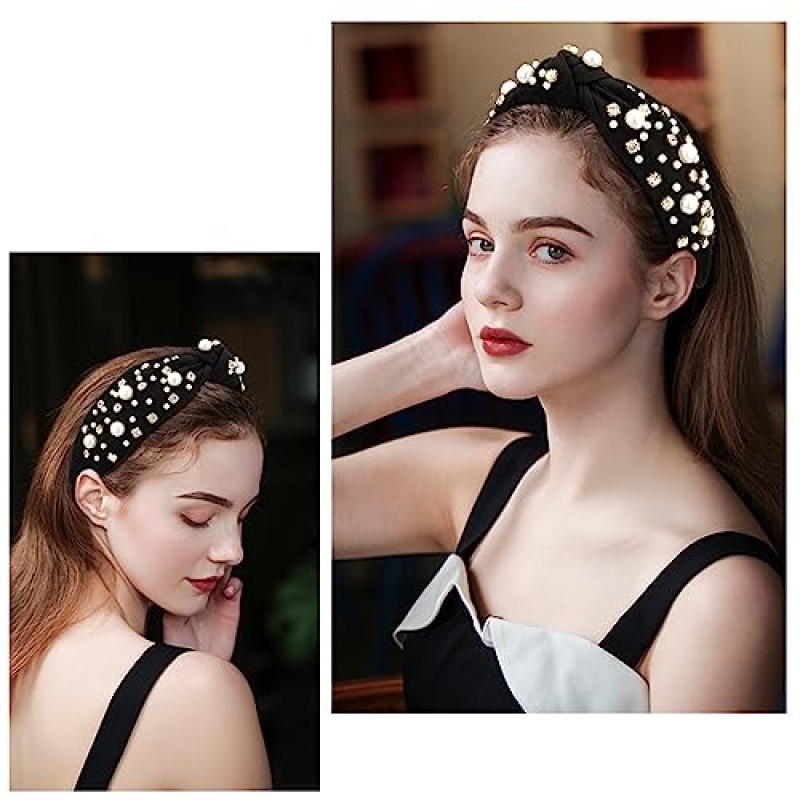 Atoden 진주 모조 다이아몬드가있는 검은 색 매듭 머리띠 여성용 머리띠 와이드 탑 매듭 머리띠 파란색 머리띠 여성용 크리스탈 보석 머리 밴드 장식 머리띠 미끄럼 방지 반짝이는 헤어 밴드 소녀 선물용 패션 헤어 액세서리