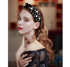 Atoden 진주 모조 다이아몬드가있는 검은 색 매듭 머리띠 여성용 머리띠 와이드 탑 매듭 머리띠 파란색 머리띠 여성용 크리스탈 보석 머리 밴드 장식 머리띠 미끄럼 방지 반짝이는 헤어 밴드 소녀 선물용 패션 헤어 액세서리