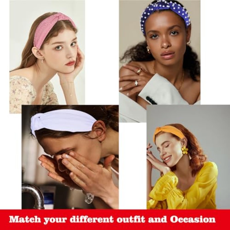 LOVNFC 여성용 머리띠, 6Pcs 매듭 머리 밴드 여성용 미끄럼 방지 패션 여성용 와이드 탑 매듭 터번 헤어 밴드 벨벳 헤어 후프 헤어 밴드 (레드 블루 브라운)