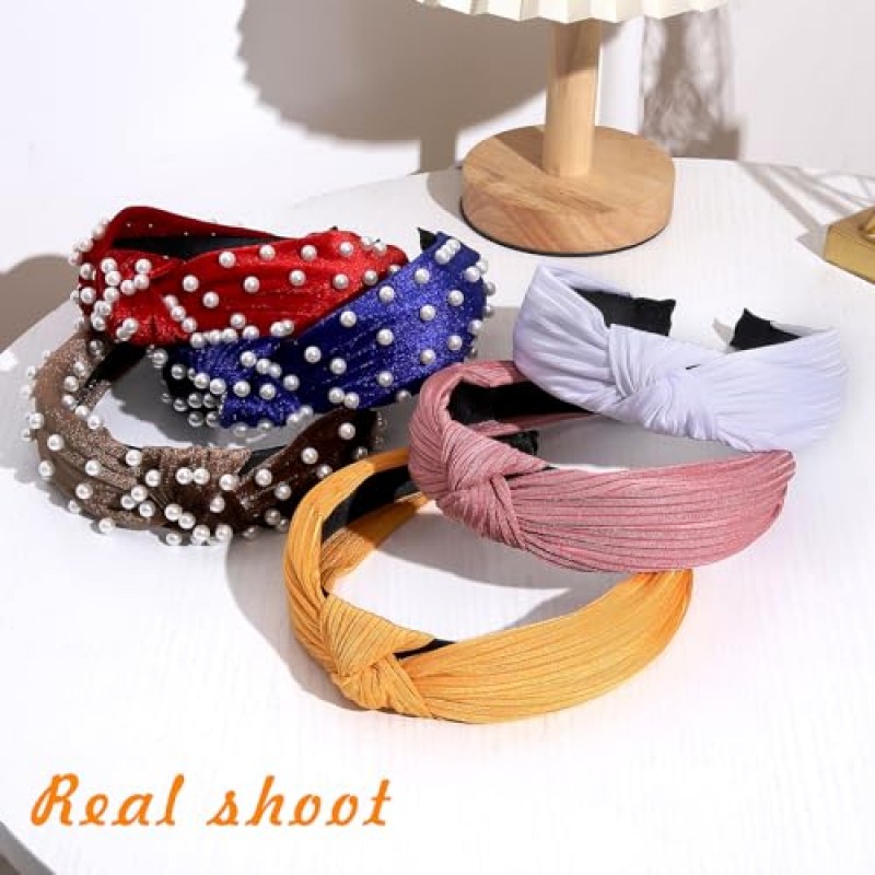 LOVNFC 여성용 머리띠, 6Pcs 매듭 머리 밴드 여성용 미끄럼 방지 패션 여성용 와이드 탑 매듭 터번 헤어 밴드 벨벳 헤어 후프 헤어 밴드 (레드 블루 브라운)