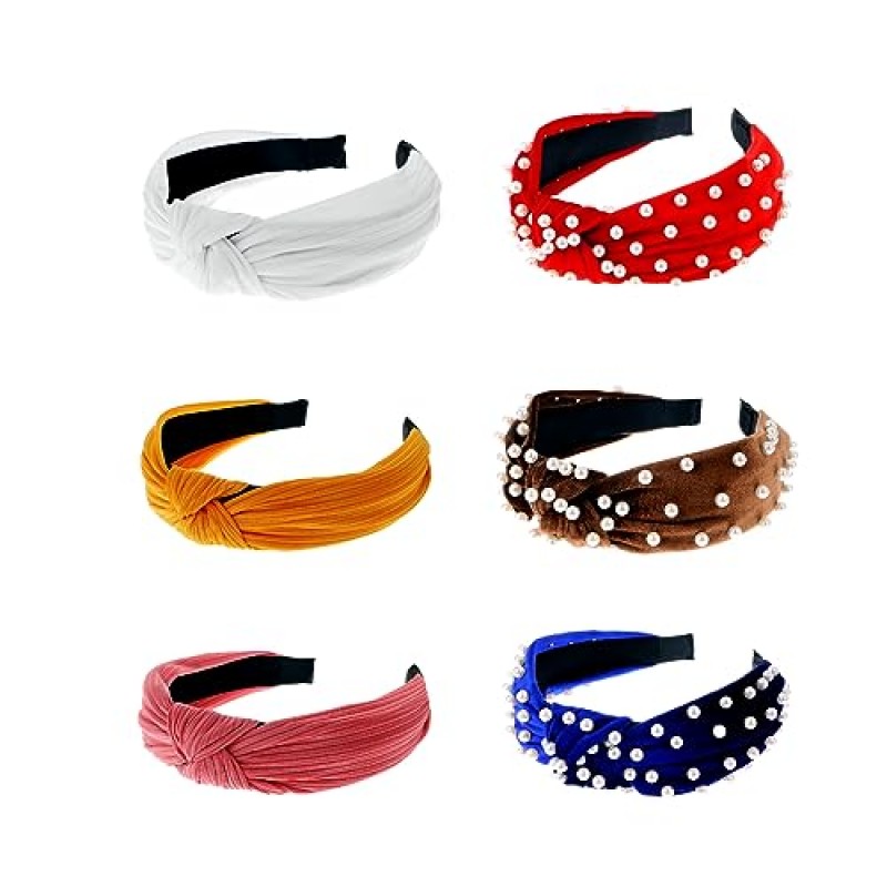 LOVNFC 여성용 머리띠, 6Pcs 매듭 머리 밴드 여성용 미끄럼 방지 패션 여성용 와이드 탑 매듭 터번 헤어 밴드 벨벳 헤어 후프 헤어 밴드 (레드 블루 브라운)