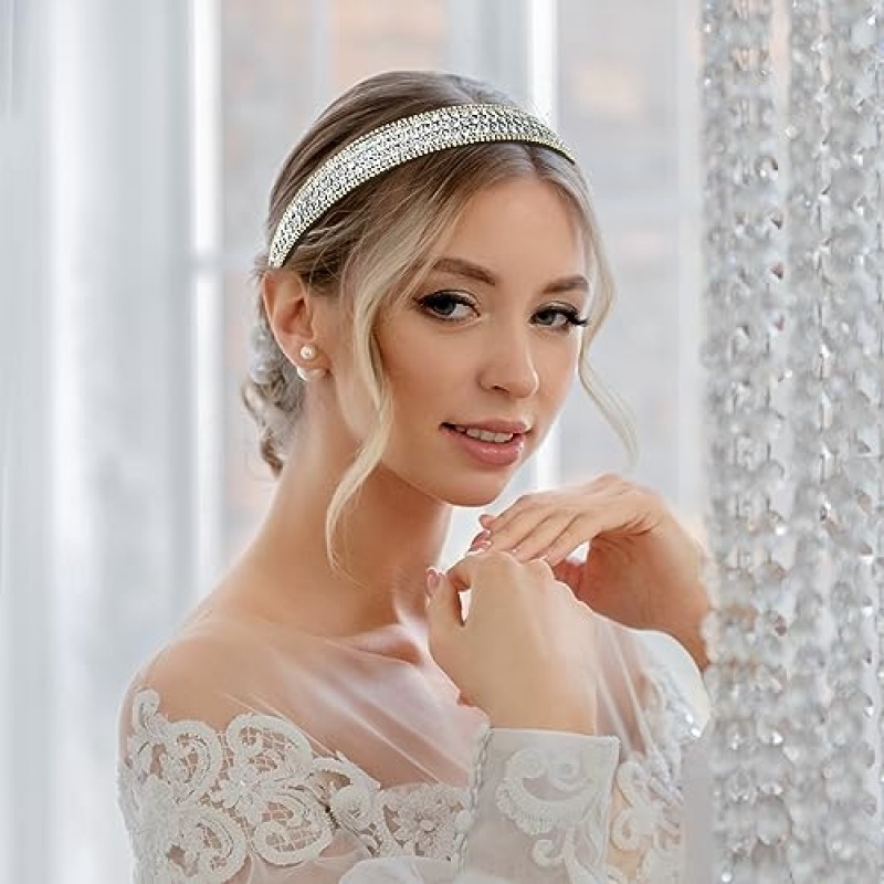 YISSION 여성용 머리띠 라인 석 머리띠 진주 머리 밴드 반짝이 크리스탈 머리띠 여성용 패션 보석 머리띠 여성용 화려한 헤어 액세서리 실버 화이트