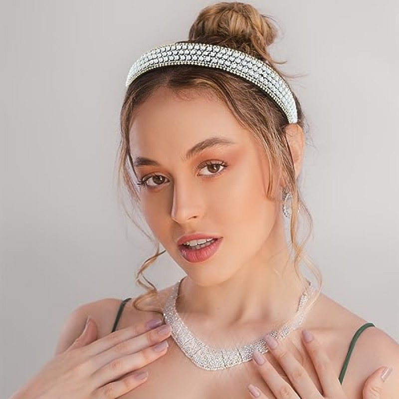 YISSION 여성용 머리띠 라인 석 머리띠 진주 머리 밴드 반짝이 크리스탈 머리띠 여성용 패션 보석 머리띠 여성용 화려한 헤어 액세서리 실버 화이트