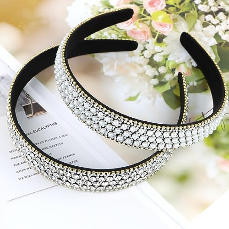 YISSION 여성용 머리띠 라인 석 머리띠 진주 머리 밴드 반짝이 크리스탈 머리띠 여성용 패션 보석 머리띠 여성용 화려한 헤어 액세서리 실버 화이트