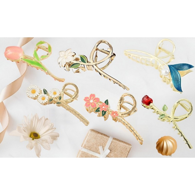 ORGUNE 대형 금속 꽃 클로 헤어 클립, 논슬립 골드 클로 헤어 클립, 두꺼운 얇은 곱슬 머리를 가진 여성과 소녀를 위한 강력한 홀드 패션 헤어 액세서리(6PCS 헤어 클립)