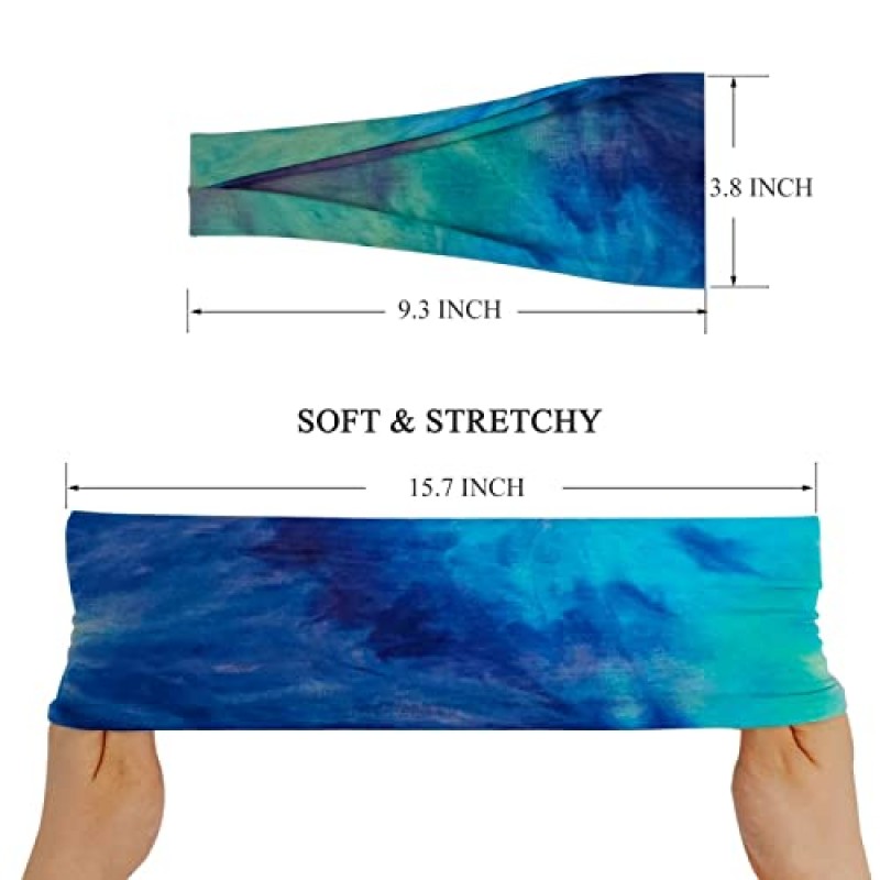 YONUF 머리띠 여성용 운동용 와이드 요가 헤드 밴드, 헤어 액세서리 소녀 패션 밴드 타이 염료 6 팩