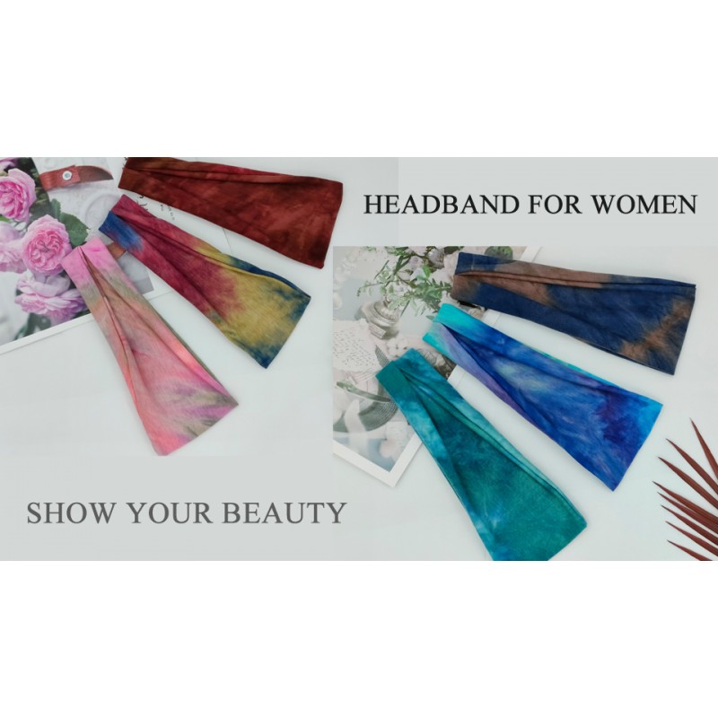 YONUF 머리띠 여성용 운동용 와이드 요가 헤드 밴드, 헤어 액세서리 소녀 패션 밴드 타이 염료 6 팩