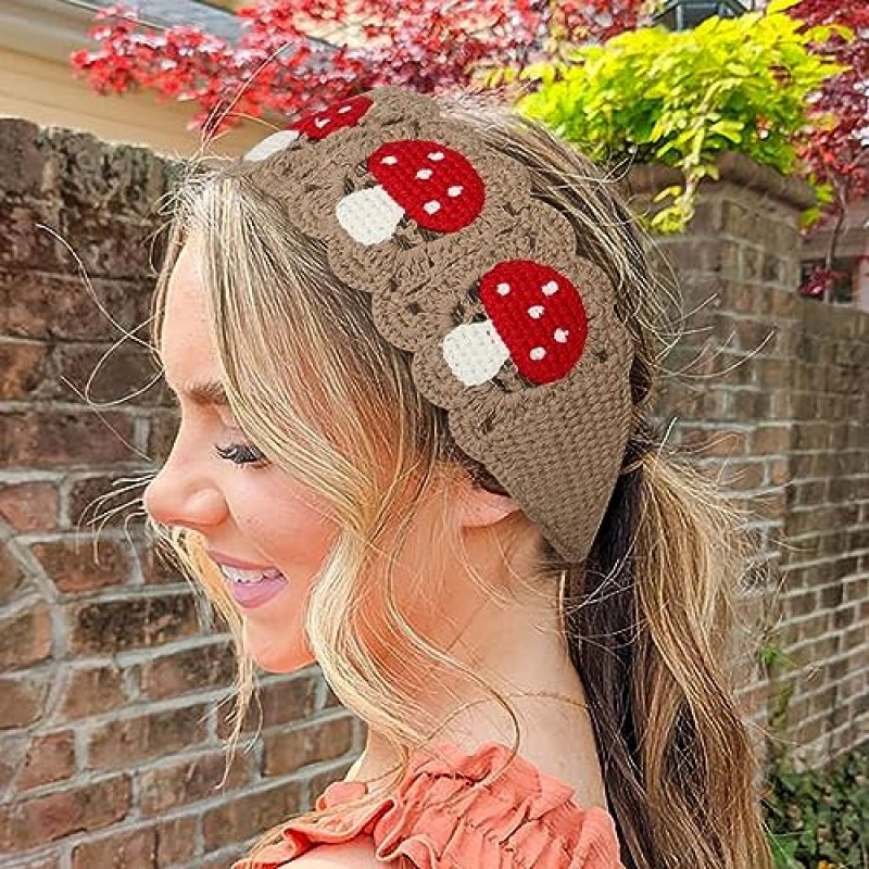 HAIMEIKANG 히피 헤어 반다나 여성용 머리띠 Boho 머리띠 니트 헤어 밴드 여성용 꽃 머리 랩 (버섯)