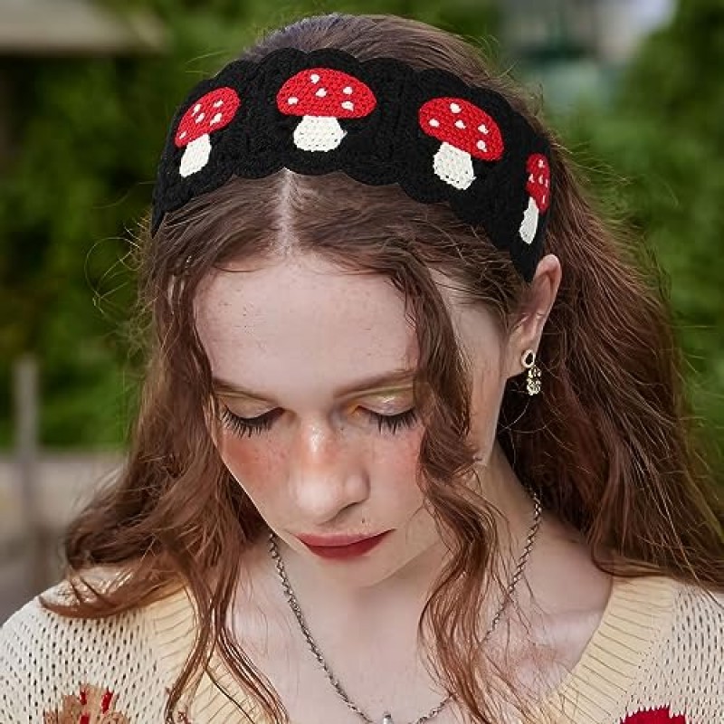 HAIMEIKANG 히피 헤어 반다나 여성용 머리띠 Boho 머리띠 니트 헤어 밴드 여성용 꽃 머리 랩 (버섯)