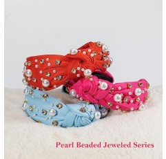 Mixcbe 매듭 보석 머리띠 여성을위한 진주 매듭 보석 핫 핑크 머리띠 진주 라인 석 크리스탈 장식 헤어 밴드 패션 우아한 숙녀 와이드 탑 매듭 신부 머리띠 독신 파티