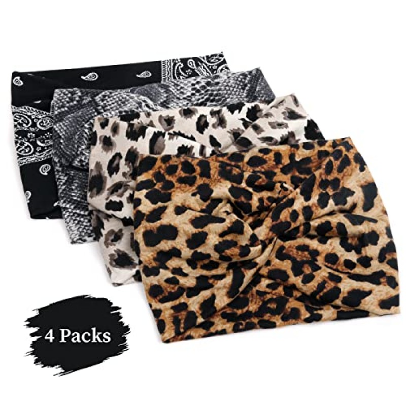 여성용 머리띠 넓은 두꺼운 신축성있는 Boho 아프리카 터번 매듭 표범 머리 밴드 4 팩
