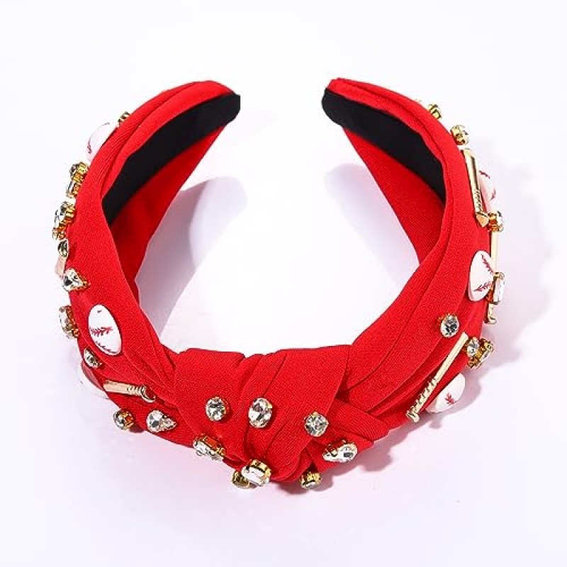 여성용 야구 매듭 머리띠 스포츠 헤어 밴드 야구 매력 크리스탈 보석 장식 와이드 탑 매듭 헤드 피스 게임 데이 액세서리 여성용 재미 있은 선물 소녀 팬 (야구 매듭 레드)