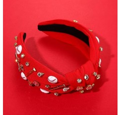 여성용 야구 매듭 머리띠 스포츠 헤어 밴드 야구 매력 크리스탈 보석 장식 와이드 탑 매듭 헤드 피스 게임 데이 액세서리 여성용 재미 있은 선물 소녀 팬 (야구 매듭 레드)