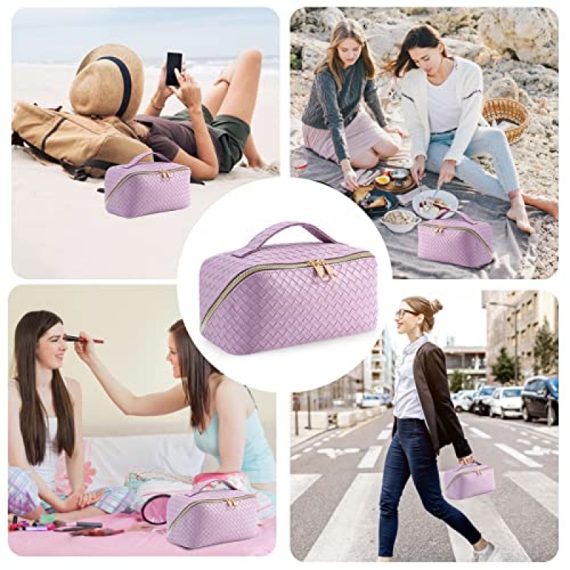 BOBOBOX 여행용 화장품 가방 대용량 메이크업 가방 PU 가죽 방수 휴대용 손잡이와 분배기 다기능 가방 메이크업 액세서리 여성용(M-보라색)