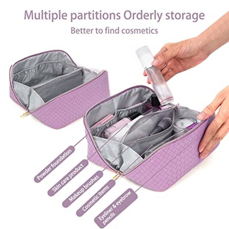 BOBOBOX 여행용 화장품 가방 대용량 메이크업 가방 PU 가죽 방수 휴대용 손잡이와 분배기 다기능 가방 메이크업 액세서리 여성용(M-보라색)