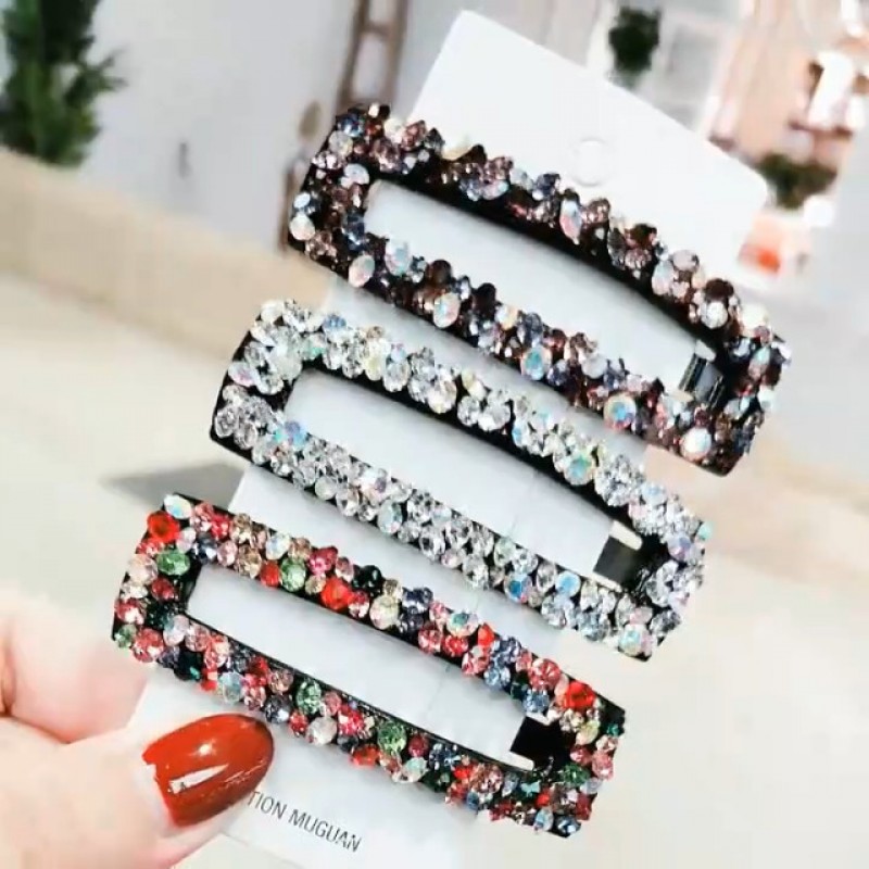 직사각형 반짝 이는 AB 크리스탈 헤어 클립 패션 대형 머리 머리핀 웨딩 장식 블링 체코 다이아몬드 머리핀 수제 라인 석 스냅 클립 여성용 헤어 액세서리 여자 (6 색 / 6 개)