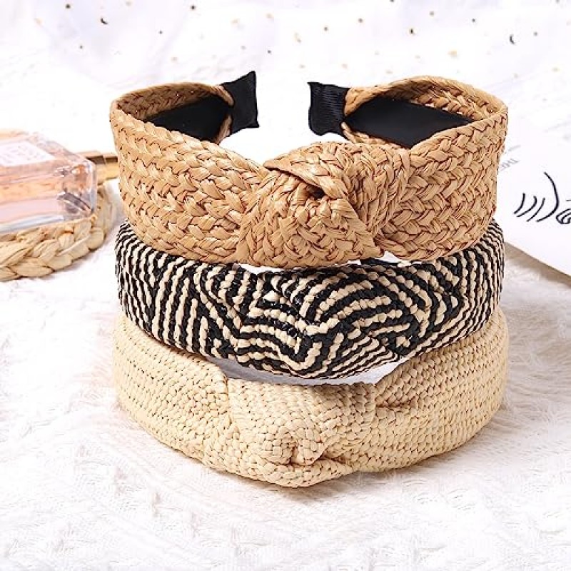 Candygirl 3Pcs 밀짚 매듭 머리띠 여자 여자 와이드 헤드 밴드 Boho 탑 매듭 등나무 Hairbands 패션 짠 여름 해변 머리띠 미끄럼 방지