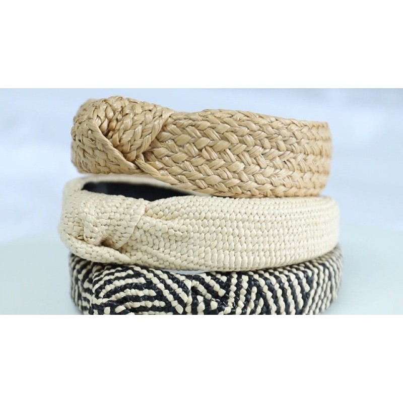 Candygirl 3Pcs 밀짚 매듭 머리띠 여자 여자 와이드 헤드 밴드 Boho 탑 매듭 등나무 Hairbands 패션 짠 여름 해변 머리띠 미끄럼 방지