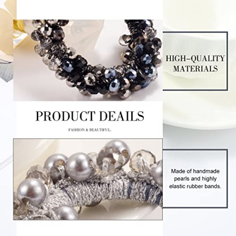Brinie 라인스톤 헤어 타이 포니테일 홀더 블랙 탄성 헤어 크런치 진주 포니테일 홀더 비드 헤어 밧줄 여성과 소녀를 위한 신축성 있는 헤어 액세서리(3개 팩)