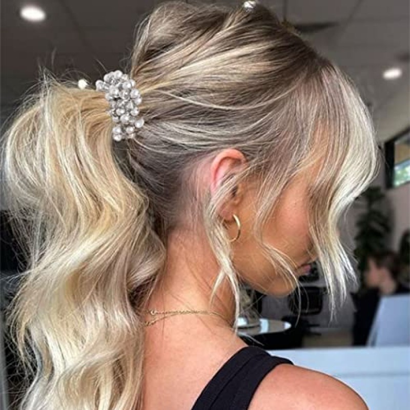 Brinie 라인스톤 헤어 타이 포니테일 홀더 블랙 탄성 헤어 크런치 진주 포니테일 홀더 비드 헤어 밧줄 여성과 소녀를 위한 신축성 있는 헤어 액세서리(3개 팩)