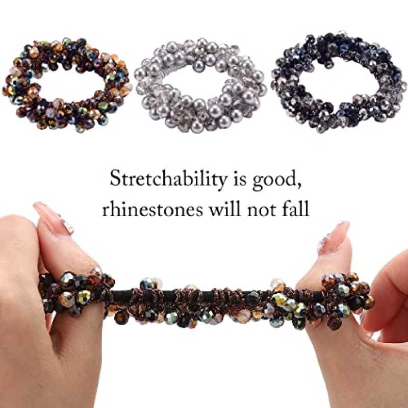 Brinie 라인스톤 헤어 타이 포니테일 홀더 블랙 탄성 헤어 크런치 진주 포니테일 홀더 비드 헤어 밧줄 여성과 소녀를 위한 신축성 있는 헤어 액세서리(3개 팩)