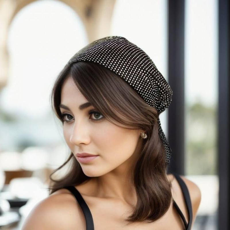 Munyee Hua Hijab 모자 여성용 블링 반짝 이는 라인 석 탄성 레이브 헤드 스카프 여름 드레스