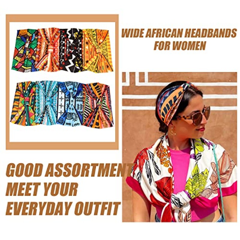 Yeshan 여성용 아프리카 머리띠 여성용 넓은 보호 머리띠 매듭 미끄럼 방지 터번 아프리카 Headwraps 스포츠 요가 운동 Stretchy Bandeau 헤어 밴드, 8 팩