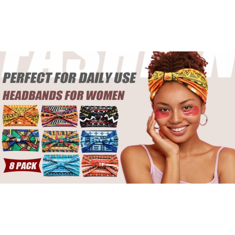 Yeshan 여성용 아프리카 머리띠 여성용 넓은 보호 머리띠 매듭 미끄럼 방지 터번 아프리카 Headwraps 스포츠 요가 운동 Stretchy Bandeau 헤어 밴드, 8 팩