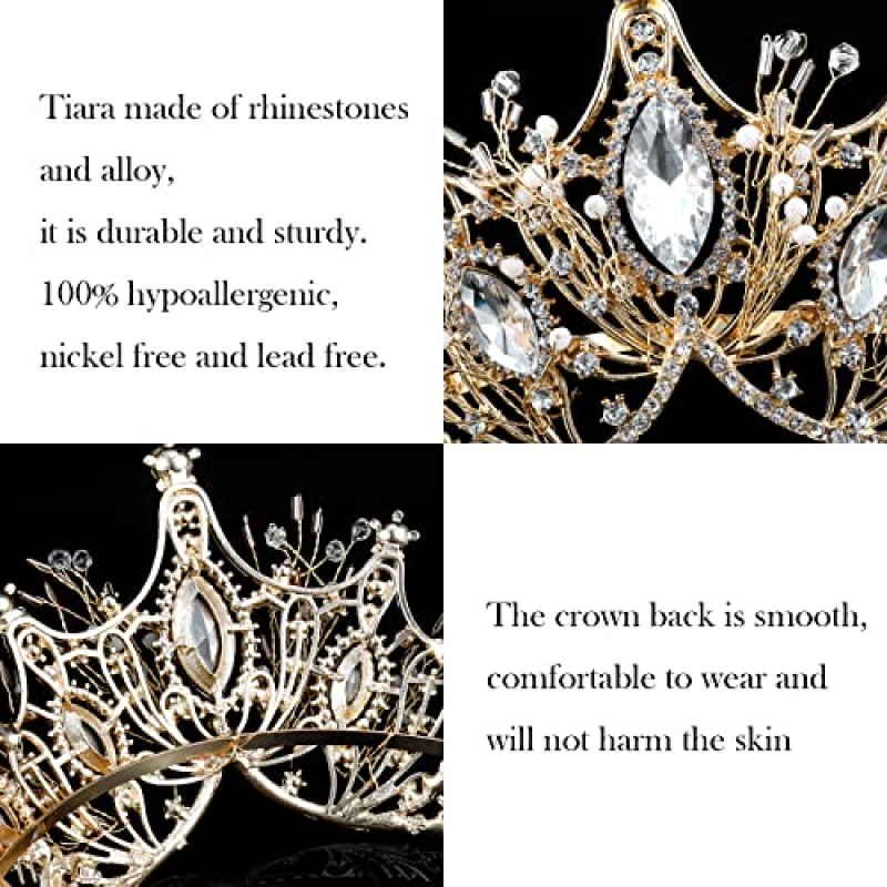 COCIDE 여성용 골드 크라운 여성용 티아라 여성용 크리스탈 라인 석 바로크 티아라 여성용 비드 퀸 프린세스 헤어 액세서리 인어 생일 파티 신부 댄스 파티 할로윈 의상 코스프레