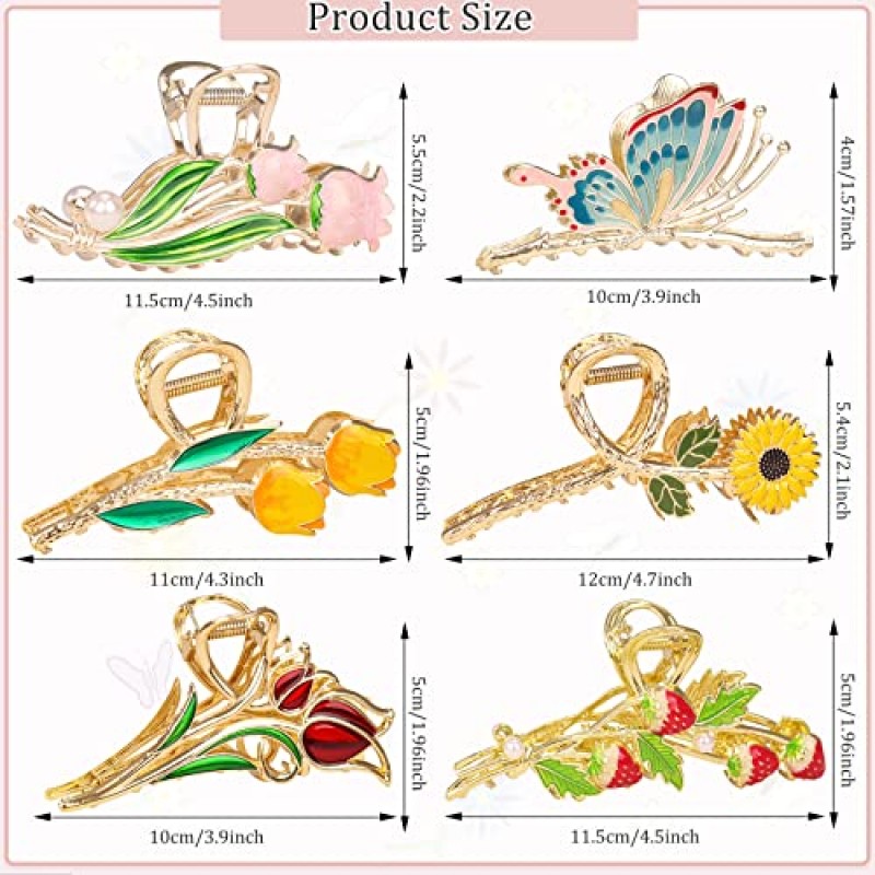 6 Pcs 대형 금속 꽃 발톱 클립 튤립 머리 발톱 클립 귀여운 딸기 헤어 클립 강한 홀드 금속 클립 여자와 여자를위한 길고 두꺼운 곱슬 큰 패션 헤어 클램프에 대한 나비 머리 턱 클립