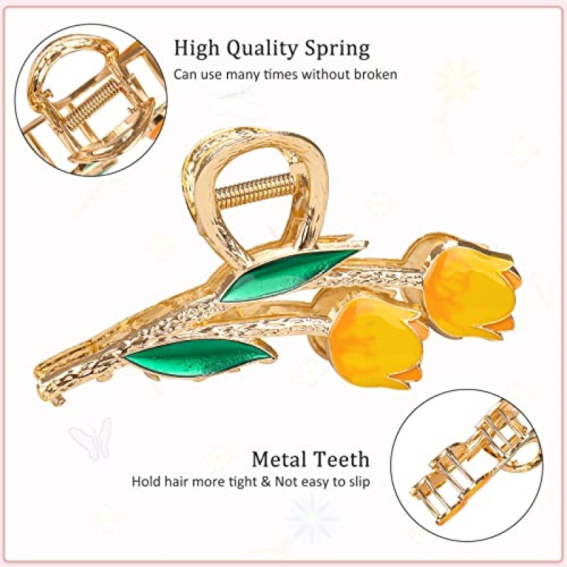 6 Pcs 대형 금속 꽃 발톱 클립 튤립 머리 발톱 클립 귀여운 딸기 헤어 클립 강한 홀드 금속 클립 여자와 여자를위한 길고 두꺼운 곱슬 큰 패션 헤어 클램프에 대한 나비 머리 턱 클립