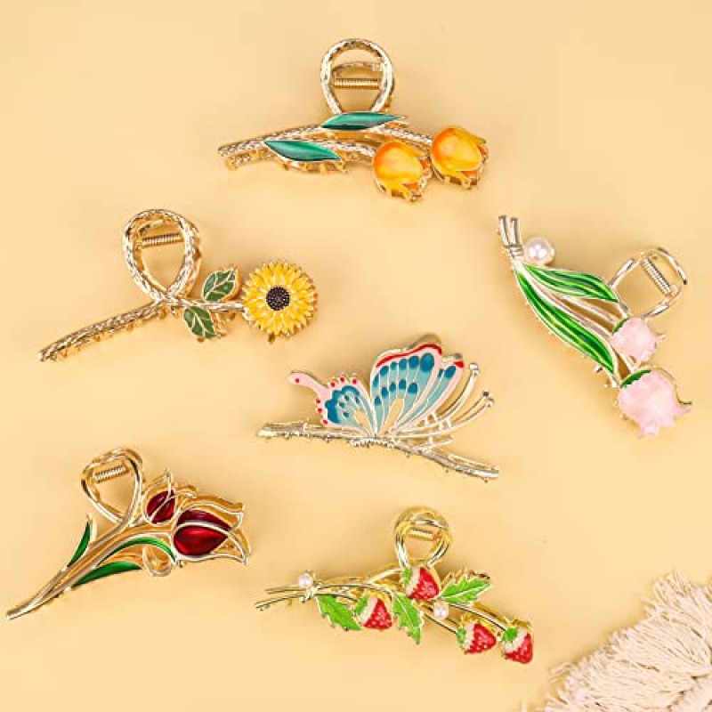 6 Pcs 대형 금속 꽃 발톱 클립 튤립 머리 발톱 클립 귀여운 딸기 헤어 클립 강한 홀드 금속 클립 여자와 여자를위한 길고 두꺼운 곱슬 큰 패션 헤어 클램프에 대한 나비 머리 턱 클립