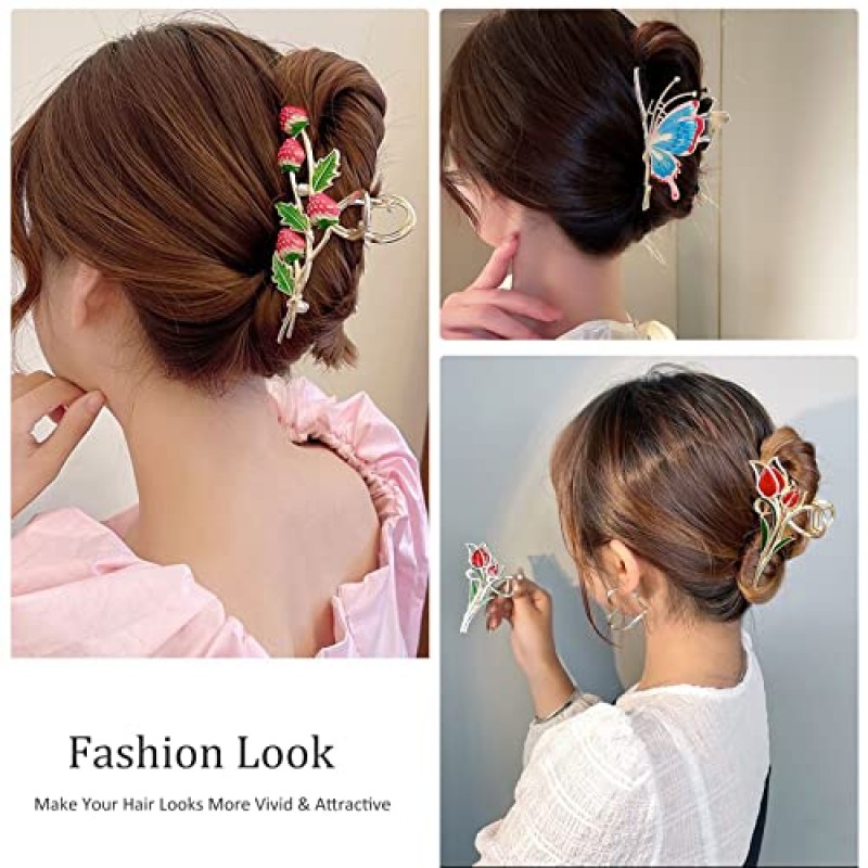 6 Pcs 대형 금속 꽃 발톱 클립 튤립 머리 발톱 클립 귀여운 딸기 헤어 클립 강한 홀드 금속 클립 여자와 여자를위한 길고 두꺼운 곱슬 큰 패션 헤어 클램프에 대한 나비 머리 턱 클립
