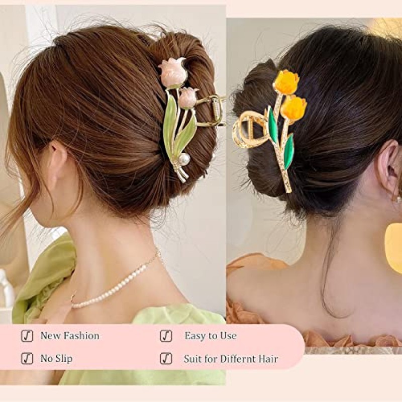 6 Pcs 대형 금속 꽃 발톱 클립 튤립 머리 발톱 클립 귀여운 딸기 헤어 클립 강한 홀드 금속 클립 여자와 여자를위한 길고 두꺼운 곱슬 큰 패션 헤어 클램프에 대한 나비 머리 턱 클립