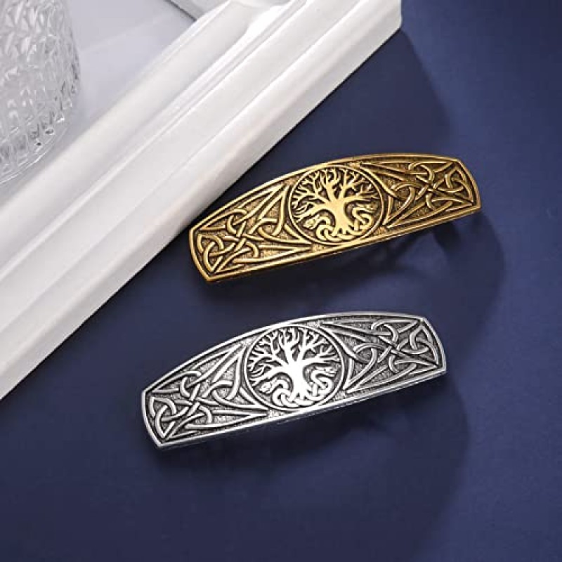 TEAMER 패션 빈티지 켈트 매듭 헤어 클립 금속 머리핀 헤어 액세서리 패턴 새겨진 머리 장식 여성용 스타일링 선물 (월드 트리 1 - 앤티크 실버)