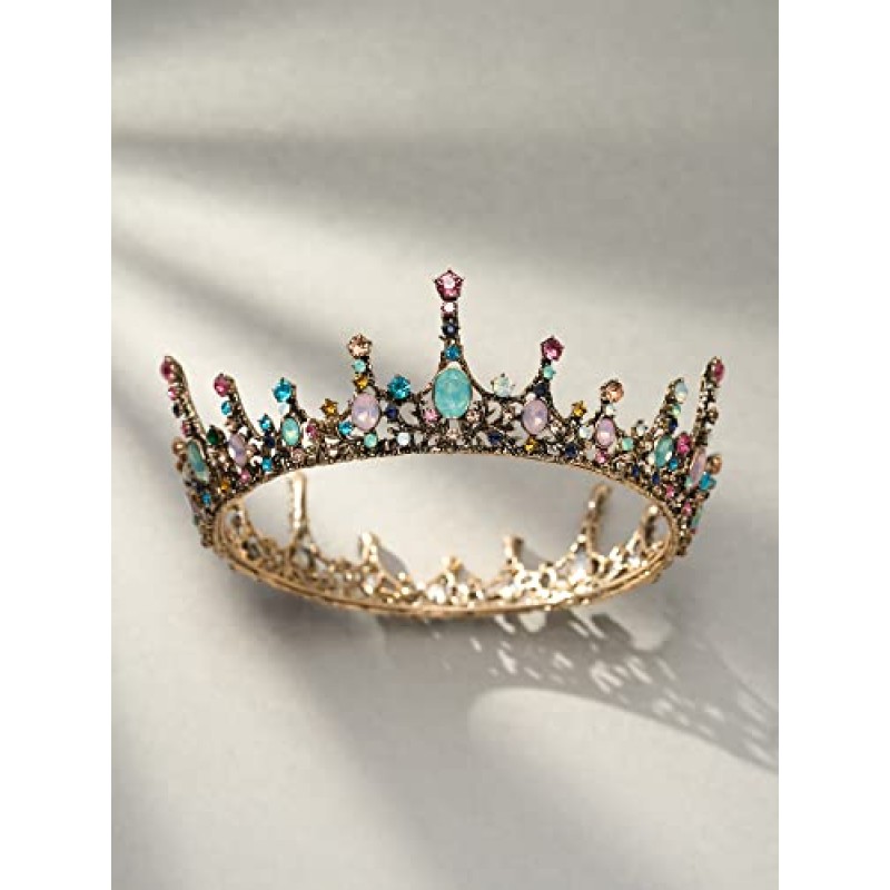 여성용 SWEETV 여왕 왕관 - 바로크식 웨딩 티아라 및 크라운, 보석 의상 티아라 공주 왕관, 파티 생일 파티 할로윈 헤어 액세서리, 올드 골드 + 여러 가지 빛깔의