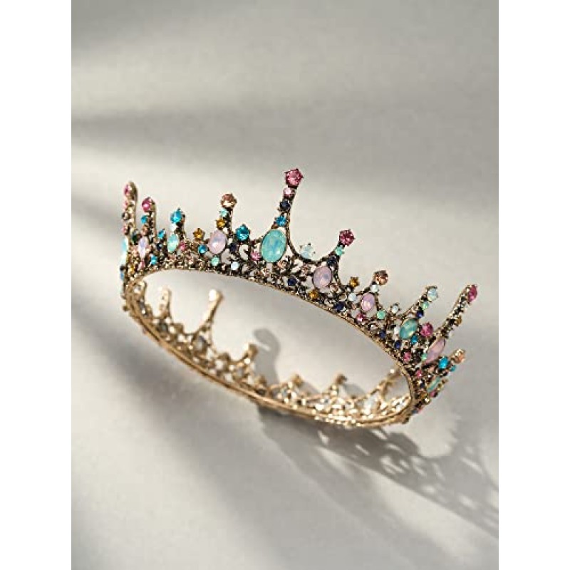 여성용 SWEETV 여왕 왕관 - 바로크식 웨딩 티아라 및 크라운, 보석 의상 티아라 공주 왕관, 파티 생일 파티 할로윈 헤어 액세서리, 올드 골드 + 여러 가지 빛깔의