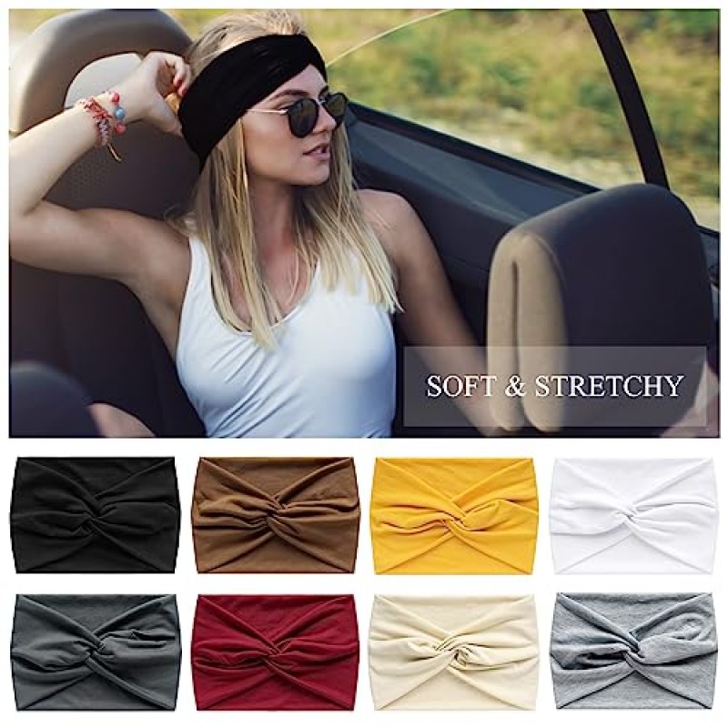 Taolema 7' 여성용 와이드 머리띠, 초대형 터번 헤어밴드 트위스트 매듭이 있는 Boho 여성용 신축성 있는 헤드 랩 운동 달리기 운동 및 요가 패션 헤어 액세서리 8Pcs