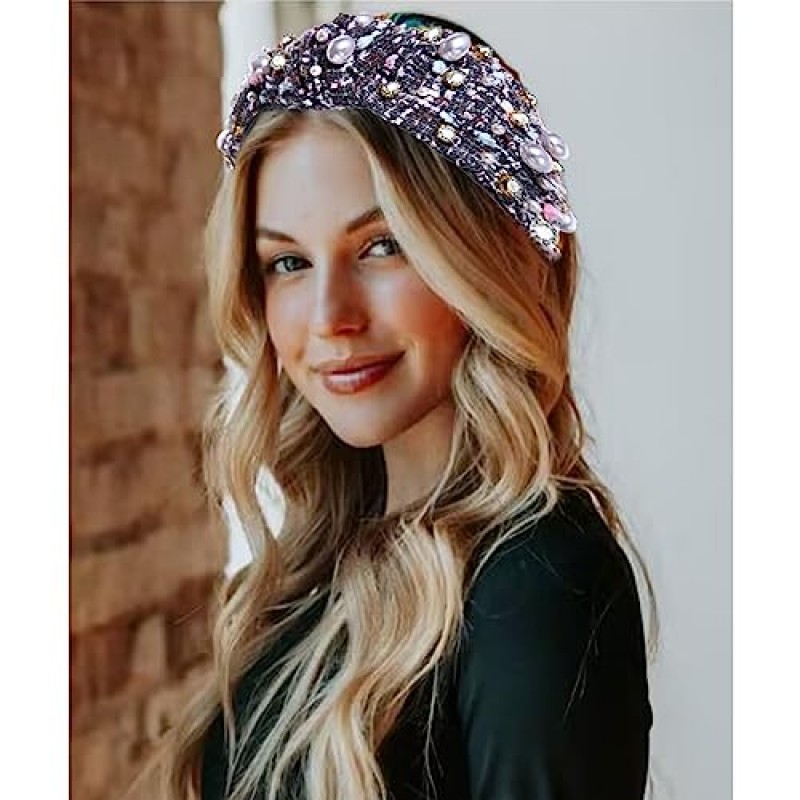 여성용 NVENF 매듭 머리띠, 진주 크리스탈 매듭 머리띠, 라인 석 장식 보석 머리띠 와이드 탑 매듭 헤어 밴드 여성 패션 헤어 액세서리 (회색)
